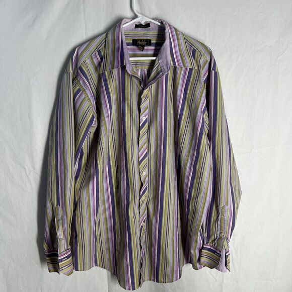 Moshiko Button Front Shirt - Multi-Color Striped Size XL (17-17.5) - Picture 1 of 8